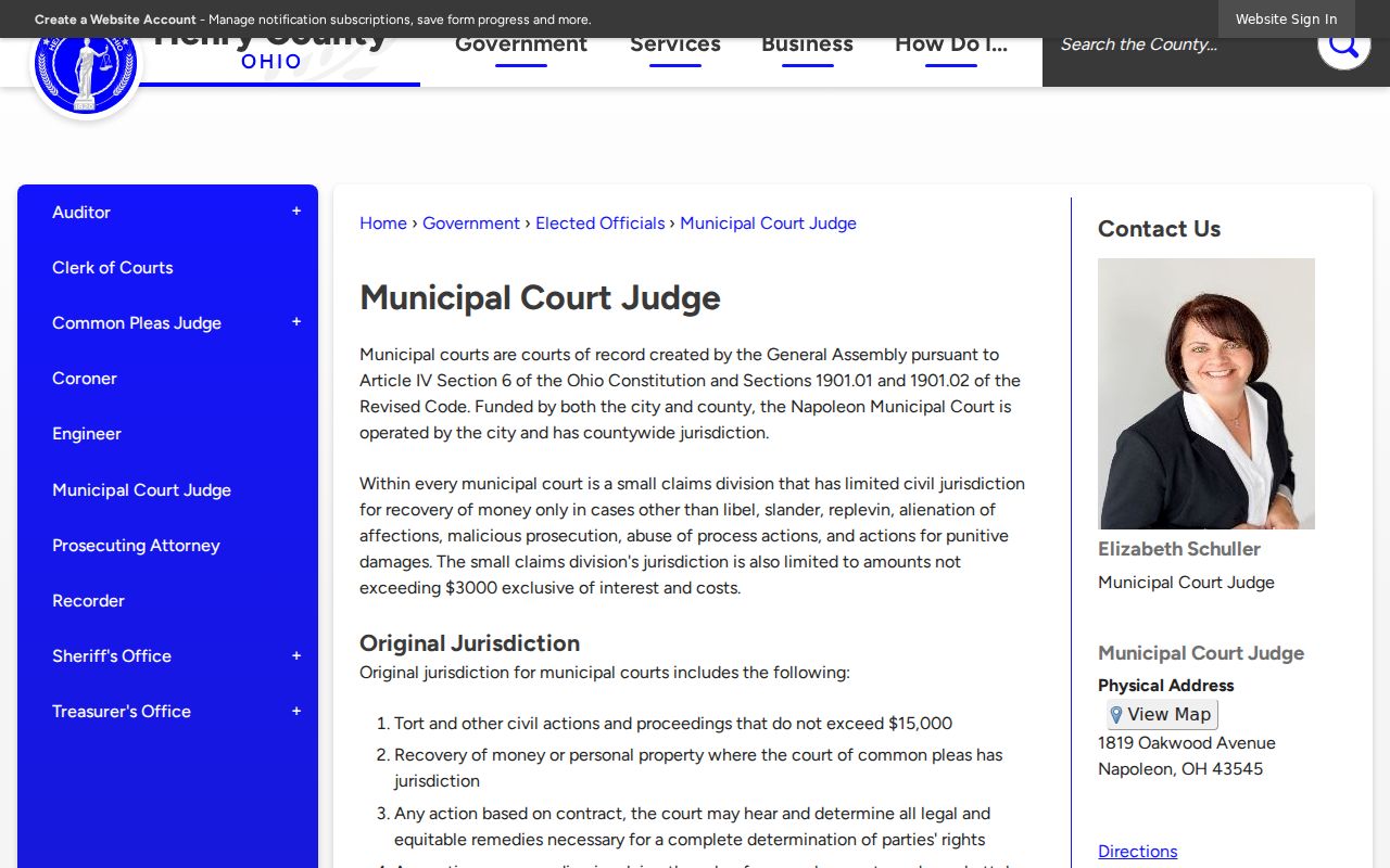 Henry County traffic court official Napoleon Municipal Court jurisdiction description